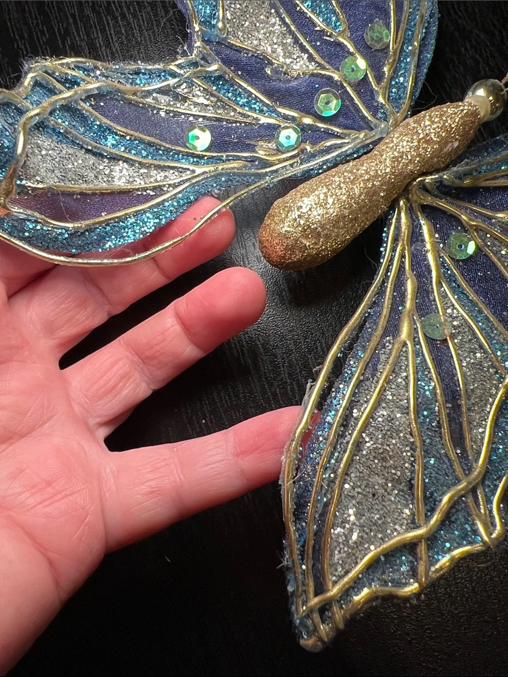 2 Vintage Sparkly Whimsical Glitter Butterfly Clip Ornaments - Blue & Multicolor